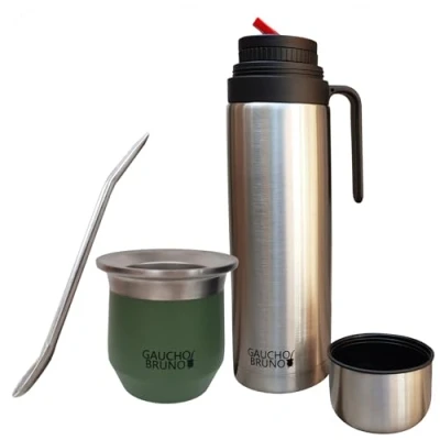 Imagen de Gaucho Bruno Mate Térmico de Acero Inoxidable para Tomar Yerba Fácil limpiar Mantiene temperatura la bebida con Bombilla y Termo 1 litro pico precisión icónico Cebador