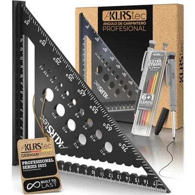 Imagen de KLRStec Escuadra de carpintero Profesional Juego Herramientas para la madera multifunción. Lapiz y minas repuesto incluido [7 Piezas]