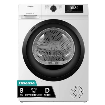 Imagen de Hisense DHQE800BW2 Secadora de Ropa, 8Kg, Class A++, Ancho 60cm, 16 Programas, Secado Automático, Rápido, Anti Arrugas, Bomba Calor, Ion Refresh, Blanco