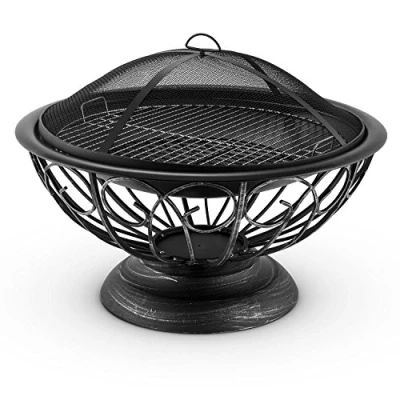 Imagen de Blumfeldt Tulip Brasero exterior de Jardín 75 cm Ø, Hoguera con protección antichispas, Parrilla 60 Ø Apta como Barbacoa, asador carbón o leña, Incluye atizador, Acero pavonado, Negro