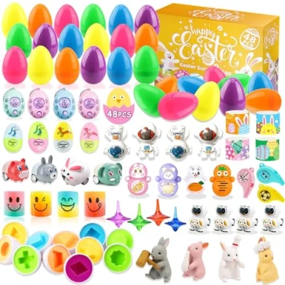 Imagen de Acuiwer Huevos de Pascua 48 Piezas Sorpresa Juguetes Plastico para Relleno Decoración Huevo con 6 a Juego Juguete Regalos Cumpleaños