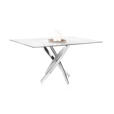 Imagen de Thunder, Mesa de Comedor Fija, Salon o Cocina, Acabado en Cristal Templado y Metal Cromado, Medidas: 150 cm (Largo) x 90 (Ancho) 75 (Alto)