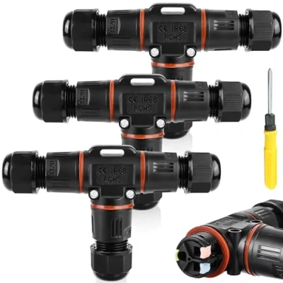 Imagen de 3 conectores de cable polos, resistentes al agua IP68, conector en forma T, resistente pines, manguito conexión para a 12 mm diámetro, caja derivación