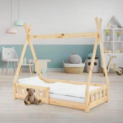 Imagen de ML Design Cama Infantil Tipi 70x140 cm con Protección Anticaída y Somier Estructura Listones de Madera Pino Maciza Color Natural Forma Casa Mobiliario Juego Tienda Campaña para Niños