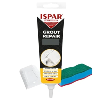 Imagen de Ispar Kit de reparación juntas para azulejos con espátula y esponja, mortero azulejos, masilla renovar las (400g Blanco)