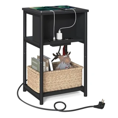 Imagen de VASAGLE Mesa Auxiliar con Enchufe, Mesita de Noche 2 Tomas AC y Puertos USB, 30 x 34 58 cm, para Sala Estar, Dormitorio, Negro LET375B02