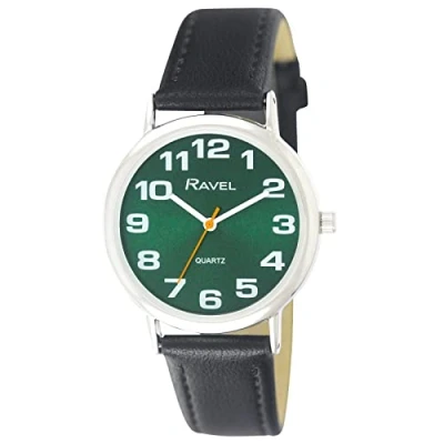Imagen de Ravel Reloj Unisex de Correa fácil Lectura con números Grandes Marrón/Tono Plateado/Esfera Azul