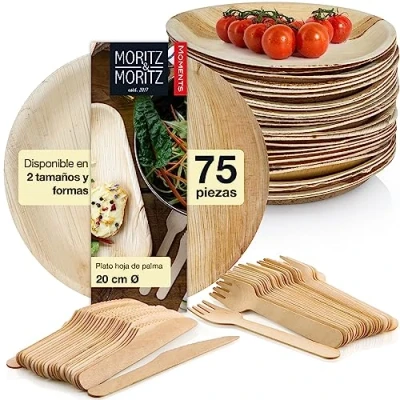 Imagen de Moritz &amp; set de vajilla hoja palma 75 piezas 25 platos desechables aprox. 20 cm Ø inc. cuchillos y tenedores ecologica desechable alternativa a o bambú