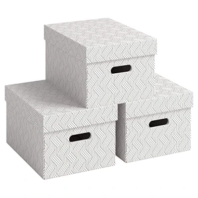 Imagen de Leitz VON 61410001 Juego de 3 cajas almacenamiento con tapa, 15 L, tamaño mediano, 100% cartón reciclado, diseño geométrico, para escuela, estudio y hogar, color blanco, unidades