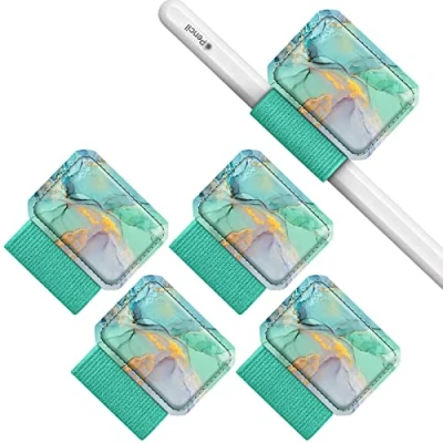Imagen de Fintie [4 Unidades] Portalápices Autoadhesivo para Apple Pencil y Stylus Pen Loop Holder Cuaderno, Calendario, Tableta, Carpeta, mármol Esmeralda