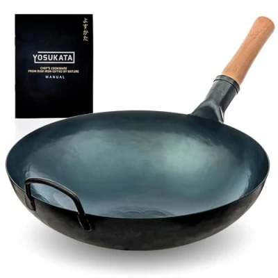 Imagen de YOSUKATA Sarten Wok de Acero al Carbono 36 cm Pre sazonado aco Fundo Redondo Tradicional Сhino Sin Recubrimiento Químico Compatible Con Cocinas Gas y Fuego Abierto (Azul)