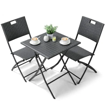 Imagen de juego de muebles jardín Bistro 3 piezas, balcón ratán, balcón, 1 mesa plegable y 2 sillas, color gris, plegable, conjunto asientos