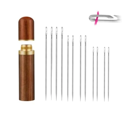 Imagen de Her Kindness juego de 12 agujas coser autoenhebradas, bordar, acero inoxidable, coser, ayuda para enhebrar con cilindro aguja bordado madera