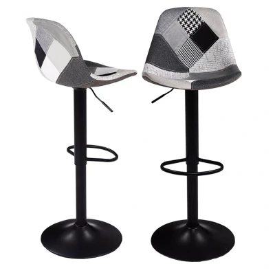 Imagen de IDMarket Juego de 2 taburetes bar Karl Design patchworks negros, gris y blanco, pie negro