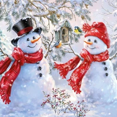 Imagen de 20 servilletas de muñeco nieve en casa pájaros como decoración mesa para invierno y Navidad, 33 x cm