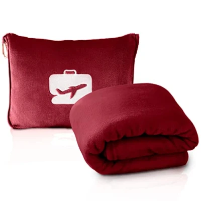 Imagen de EverSnug Manta y Almohada de Viaje avión Suave 2 en 1 Funda Suave, para Equipaje Mano Clip Mochila (borgoña)