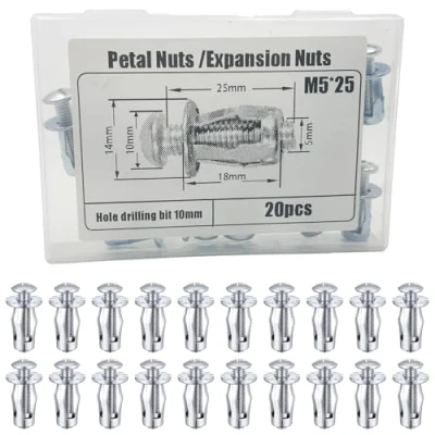 Imagen de Tuercas Jack,Tuercas de PéTalo,tuercas expansión,tuercas pétalos con tornillos,tacos huecos metal para gato hidráulico,paredes huecas, fino,paredes blandas (M5*25MM(20PCS))
