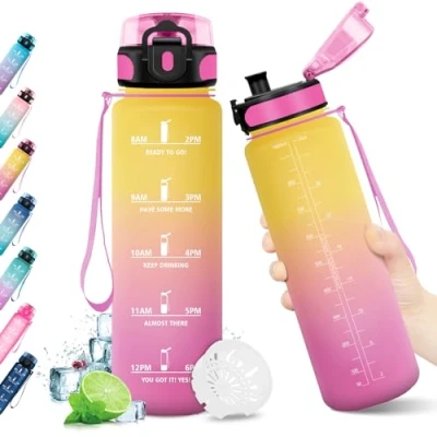 Imagen de KollyKolla Botella Agua 1 litro, Motivadora, Gimnasio, Prueba de Fugas, sin BPA, Reutilizable Cantimplora para Adulto, Colegio, Oficina, Bicicleta, Gym, Fitness
