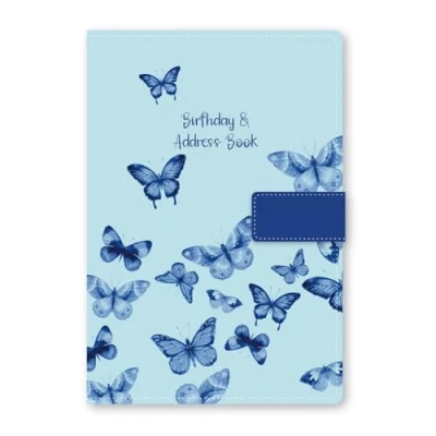 Imagen de Libreta de direcciones telefónicas con índice A Z tela hermosa estilo vintage, tapa A5, dura, cierre magnético, mariposa azul