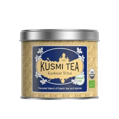 Imagen de Kusmi Tea Kashmir Tchaï Té Negro 100% Orgánico Aromatizado con Anís, Cardamomo, Canela, Jengibre y Clavo Hojas Sueltas de Lata 100g Cantidad para Aprox. 50 Tazas
