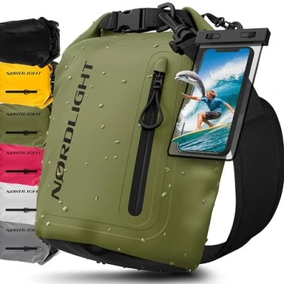 Imagen de Nordlight Bolsa Estanca Impermeable + Funda para Móvil, Cierre Enrollable, Correa Hombro Drybag Mochila Saco Estanco de Transporte Náutica Playa Sup Verde Oliva, 5 litros