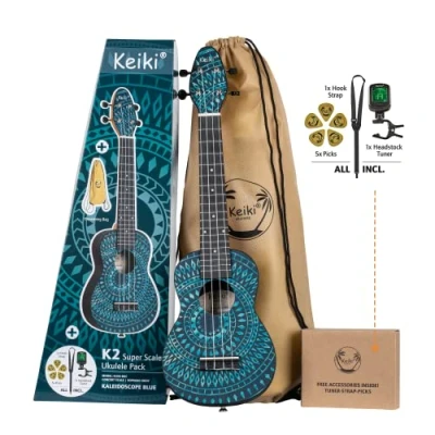 Imagen de Ortega Guitars Ukelele Soprano azul Keiki K2 Kit de inicio incluye afinador, correa, 5 púas medianas y bolsa dibujo caleidoscopio (K2SS BKC)