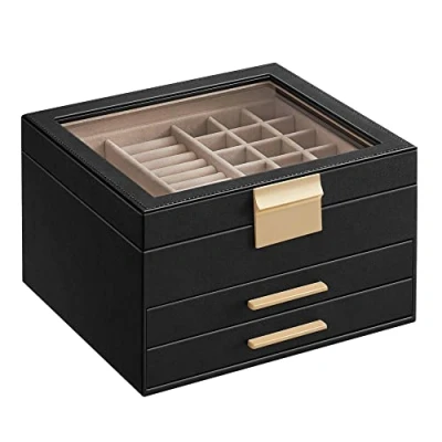 Imagen de SONGMICS Caja de Joyas, Joyero con 4 Niveles, Estuche para Joyería Tapa Cristal, 3 Cajones, Gafas Sol, Joyas Grandes, Moderno, Verde Bosque y Dorado JBC161G01
