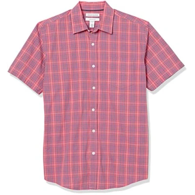 Imagen de Amazon Essentials Camisa de Popelín Manga Corta Ajuste Normal Hombre, Rojo Efecto Lavado Cuadros Escoceses, L