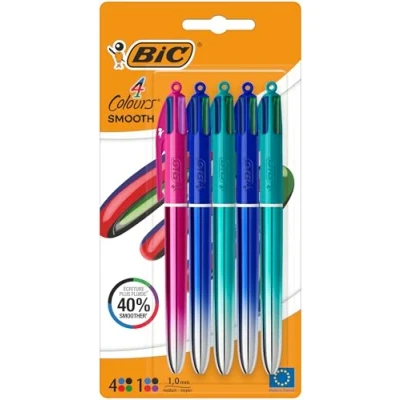 Imagen de BIC 4 Colores Smooth Bolígrafo Retráctil de Punta Media (1,00 mm) con Cuerpos Degradados Azul, Verde y Rosa Surtidos, Pack 5