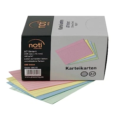 Imagen de tarjetas A7, 105 x 74 mm, a rayas, colores surtidos, 400 unidades en práctica caja dispensadora, para vocabulario, como de aprendizaje, moderación, oficina y escuela 180 g/m²