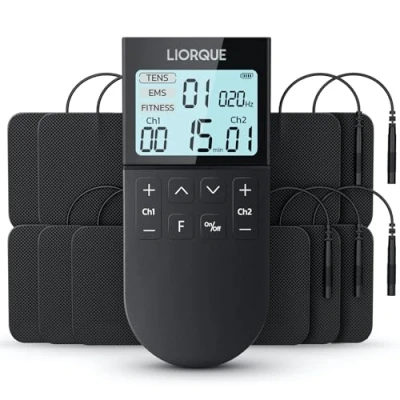Imagen de LIORQUE Electroestimulador Muscular, TENS/EMS/FITNESS 3 en 1, 50 Modos, 10 Piezas de Electrodos TENS, 16 Niveles Intensidad Para el Alivio del Dolor (Negro)