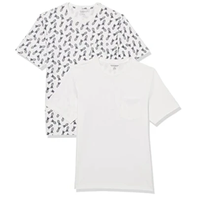 Imagen de Amazon Essentials Camiseta de manga corta con bolsillo, cuello redondo y corte ajustado Hombre, Pack 2, Blanco/Estampado Piñas, XS