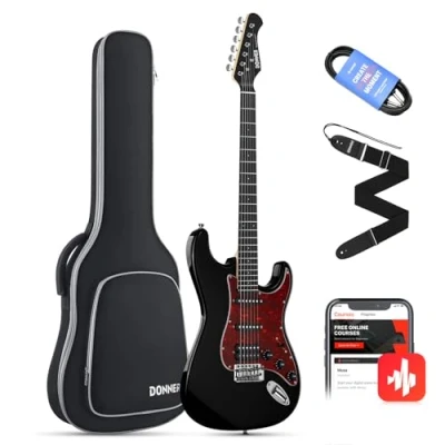 Imagen de Donner Juego de guitarra eléctrica Full Size, pastillas HSS Coil Split, 39 pulgadas Solid Body ST Guitar Beginner Set con bolsa, correa, cable (Designer Series, Knight Black)