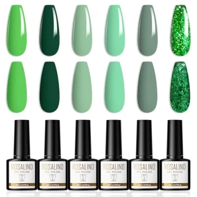 Imagen de ROSALIND Esmaltes Semipermanentes Para Uñas Verde Claro Glitter Marino Pintauñas Gel 6 Colores 8ml Nail Polish Soak Off UV/LED Salones de Manicura DIY y