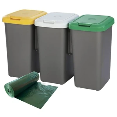 Imagen de Tontarelli Set de Papelera reciclaje con 3 compartimentos, 75 litros en total, dimensiones 79x33x48 cm, más rollo bolsas basura adecuados a cada depósito