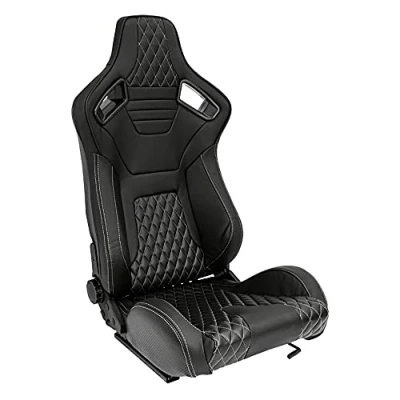 Imagen de AUTO STYLE Asiento Deportivo &#039;AK&#039; Cuero Artificial Negro + Costuras Plateada Respaldo Ajustable de Doble Cara incl. Correderas