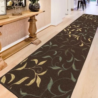 Imagen de Ottomanson Ottohome Alfombra rectangular, base de goma, diseño hojas contemporáneo, 80 x 300 cm, color marrón