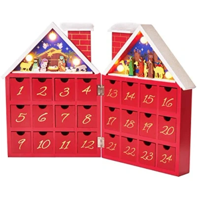 Imagen de BRUBAKER Calendario de Adviento Madera Reutilizable para Rellenar Casa Navidad roja con Juego Pesebre e iluminación LED DIY 21 x 9 30 cm