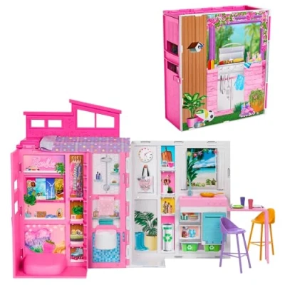 Imagen de Barbie Apartamento 4 estancias Casa de muñecas Plegable con Muebles y Accesorios, Juguete +3 años (Mattel HRJ76)