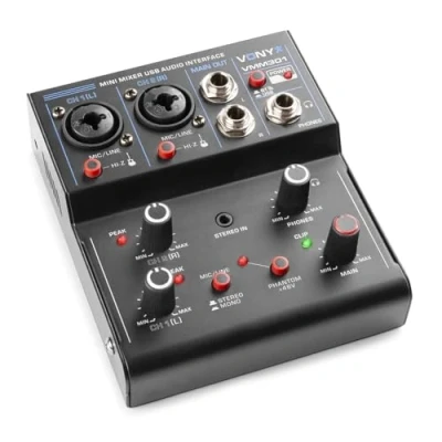 Imagen de Vonyx VMM301 Mezclador compacto USB con interfaz de audio, Bluetooth, phantom +48V, combo XLR/Jack, salida auriculares, entrada RCA, portátil para podcast, grabación y streaming