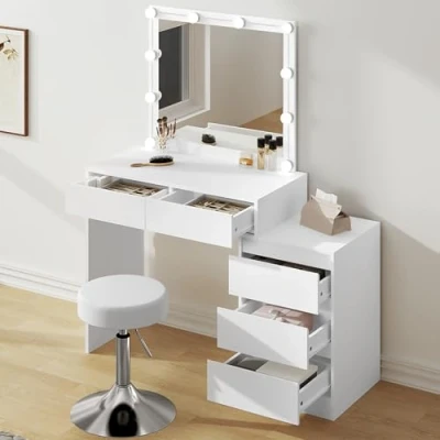 Imagen de WOLTU Tocador Maquillaje con Espejo y Luz LED, Iluminacion Ajustable, Mesa Taburete Ajustable en Altura, de 5 Cajones Cajonera, Moderno, Blanco, MB6116ws