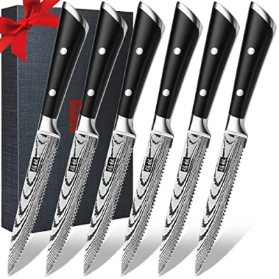 Imagen de SHAN ZU Juego de 6 Cuchillos Carne, Mesa, Cuchillo Serrado Mesa 12cm, Bistec Acero Inoxidable Alto Carbono Steak con Caja Regalo