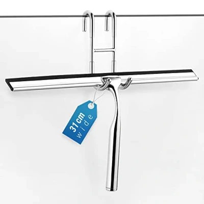 Imagen de ecooe Rasqueta de Ducha Acero Inoxidable, Rasquetas Limpiacristales para 31 cm con Gancho sin Taladrar y 2 Hoja Silicona Repuesto, Escobilla Goma Baño, Espejo, Azulejos