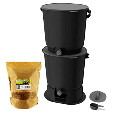 Imagen de Moutta Bokashi Organko Essential Negro (15,3L) Set de 2 Cubos para compost orgánico con compactador + 1kg Activador Fermentación EM 1