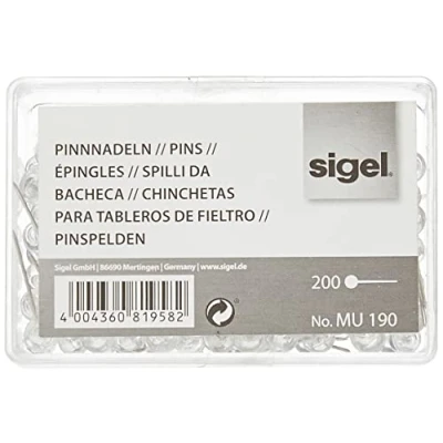 Imagen de SIGEL MU190 Chinchetas SIGEL, cabeza de material plástico, transparente, 1,5 cm largo, 200 unidades