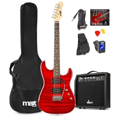 Imagen de Max GigKit Pack de guitarra electrica Quilted para principiantes con amplificador 40W, afinador digital, correa, funda y juego cuerdas repuesto Color rojo oscuro