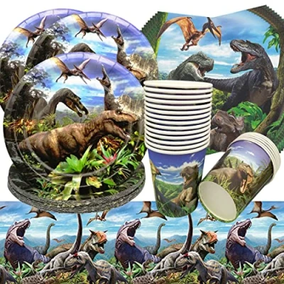 Imagen de Vajilla de Cumpleaños Dinosaurio,Doyomtoy 61 piezas Decoración Mesa Platos Servilletas Vasos para Baby Shower Boda