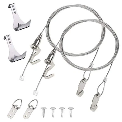 Imagen de Hyber&amp;Cara 2 x alambre colgante de acero inoxidable 2mm 2m para cuadros pinturas Espejo, con ganchos colgar ajustables y riel imagen
