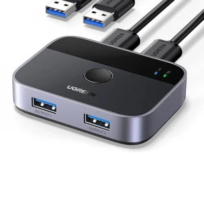 Imagen de UGREEN Switch USB 3.0 5Gbps KVM 2 Puertos para PC Entradas Salidas Aluminio Teclado Ratón Llave Disco Duro Externo Impresora Escáner Cables A Incluidos
