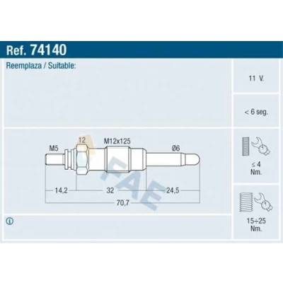 Imagen de FAE 74140 Bujía de precalentamiento 11V M 12x1,25 CITROËN: Xsara Hatchback, Berlingo / First I, I Furgón